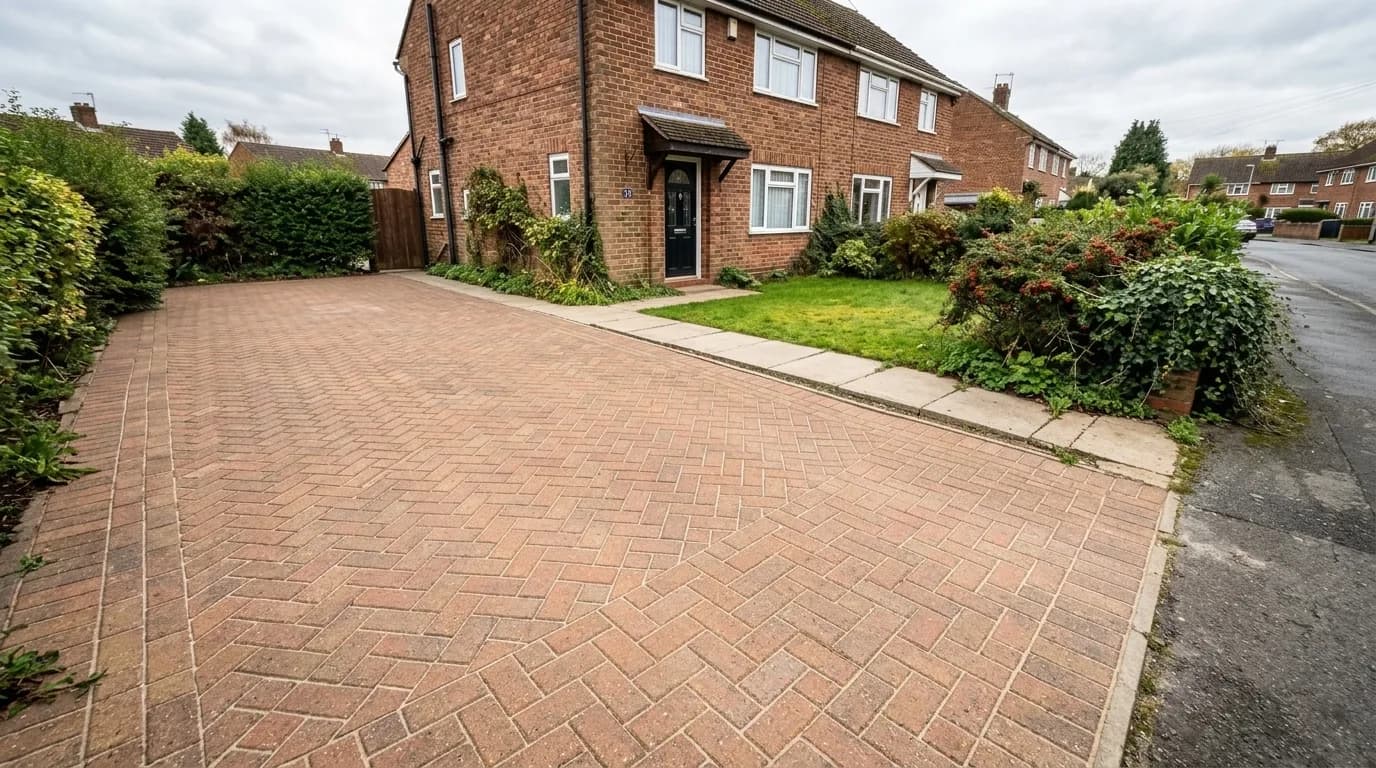 The same driveway restored to clean brick red paving after professional driveway cleaning