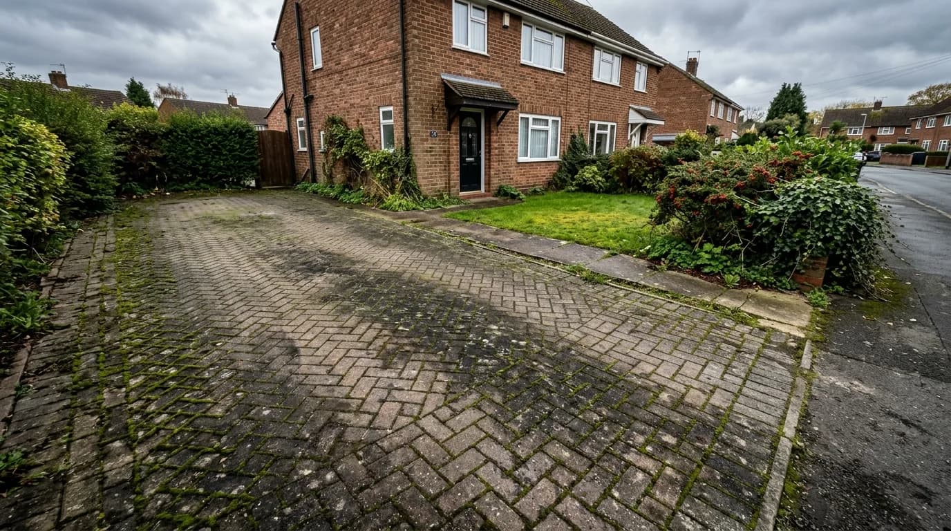 Block paving driveway covered in moss and algae before cleaning in Nottingham