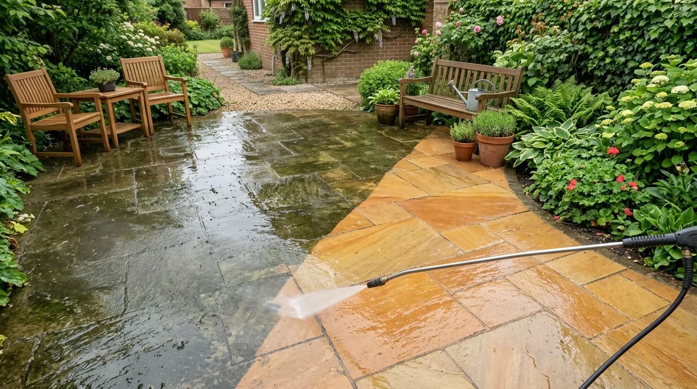 Sandstone patio cleaned of algae and black spot in Nottingham