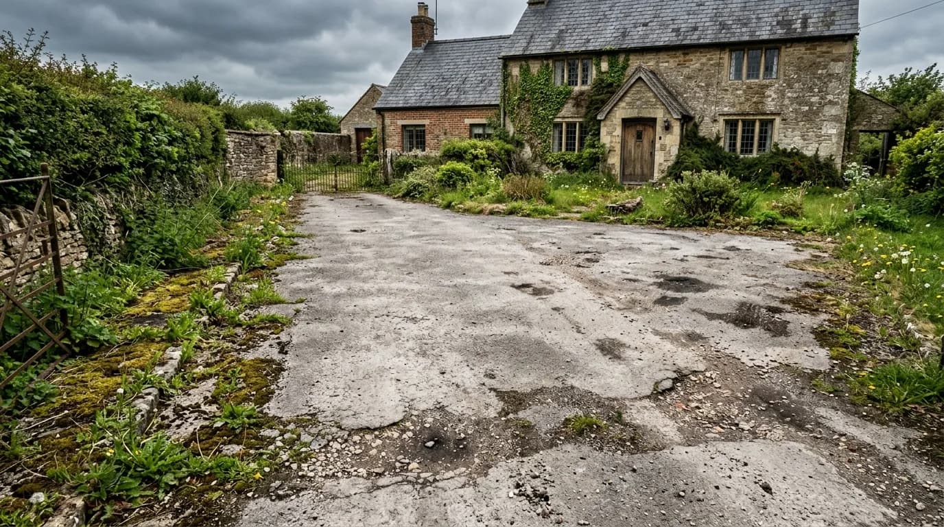 Faded grey weed strewn tarmac driveway before restoration